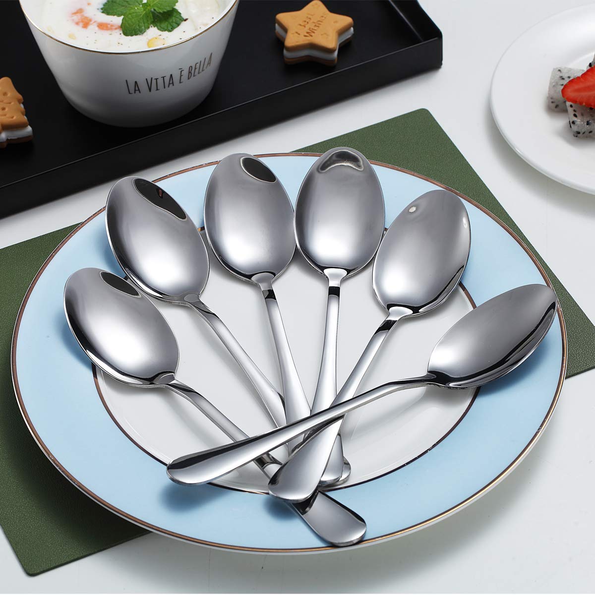 Dinner Spoons, Kyraton 6 Pieces 7.5'' Stainless Steel Table Spoon, Soup Spoons, Dessert Spoons Sliverware Dishwasher Safe Set Of